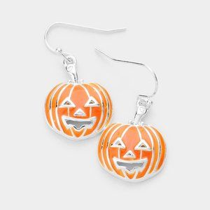 Pumpkin Earrings Metal Halloween Jewelry SILVER ORANGE Jack o Lantern 1.25"
